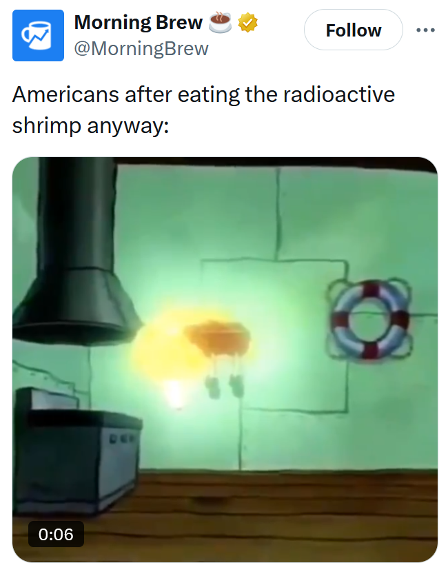 Radioactive shrimp meme with glowing and floating SpongeBob.