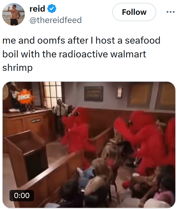 Radioactive shrimp meme with a clip of people in shrimp costumes dancing in a court room.