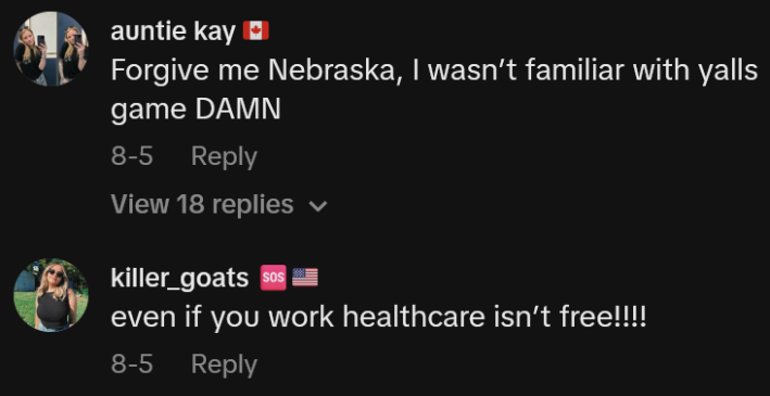 TikTok comments including one reading "Forgive me Nebraska, I wasn’t familiar with yalls game DAMN"