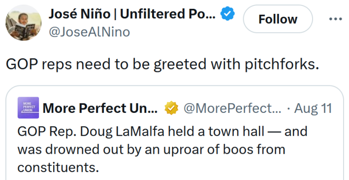 Tweet reading "GOP reps need to be greeted with pitchforks."