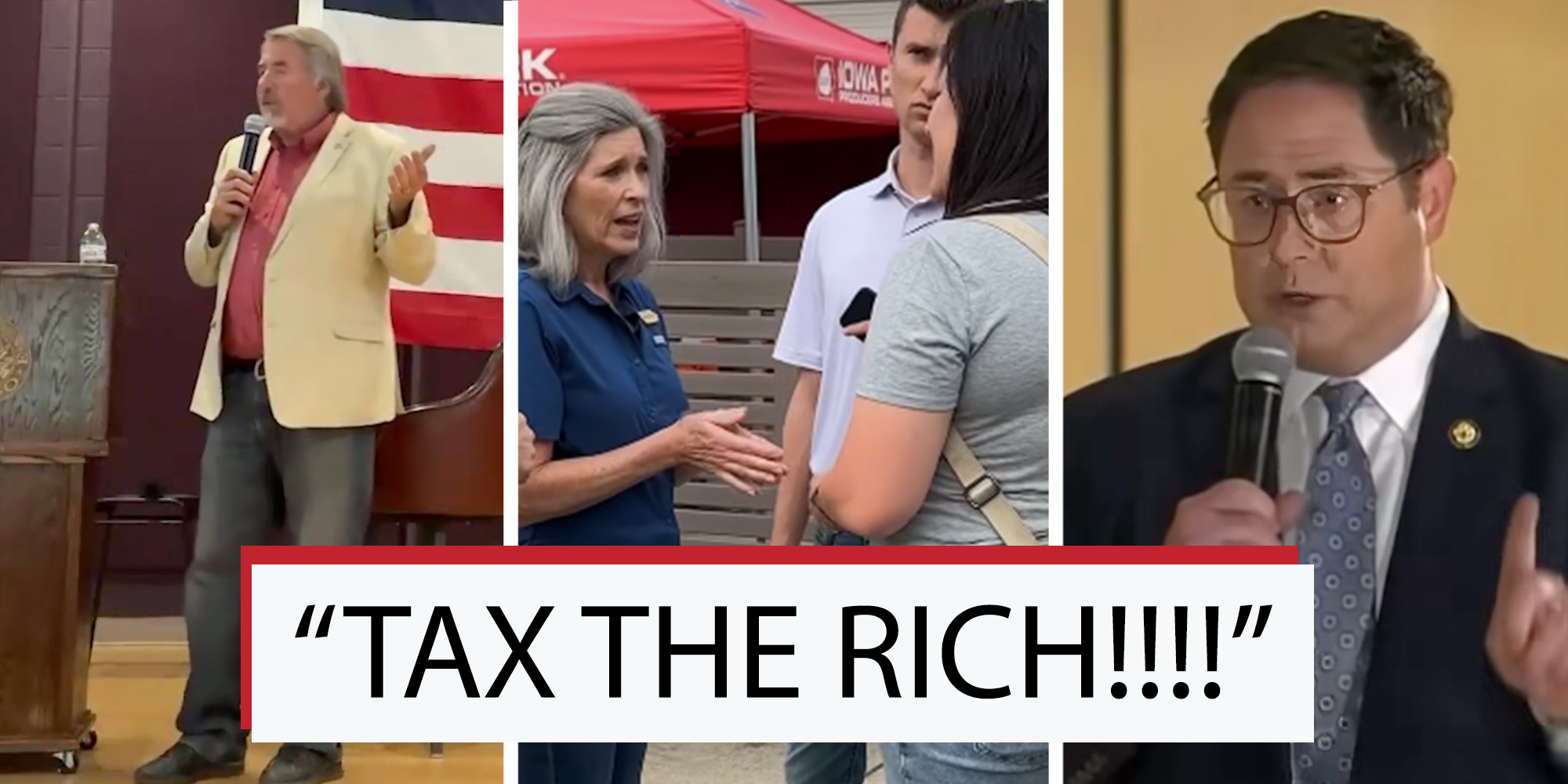 Left: Rep. Doug LaMalfa of Northern California in a town hall speaking into a mic. Middle: Mother confronting Iowa Senator Joni Ernst over Medicaid. Right: Nebraska Rep. Mike Flood at town hall speaking into a mic with his index finger raised.
