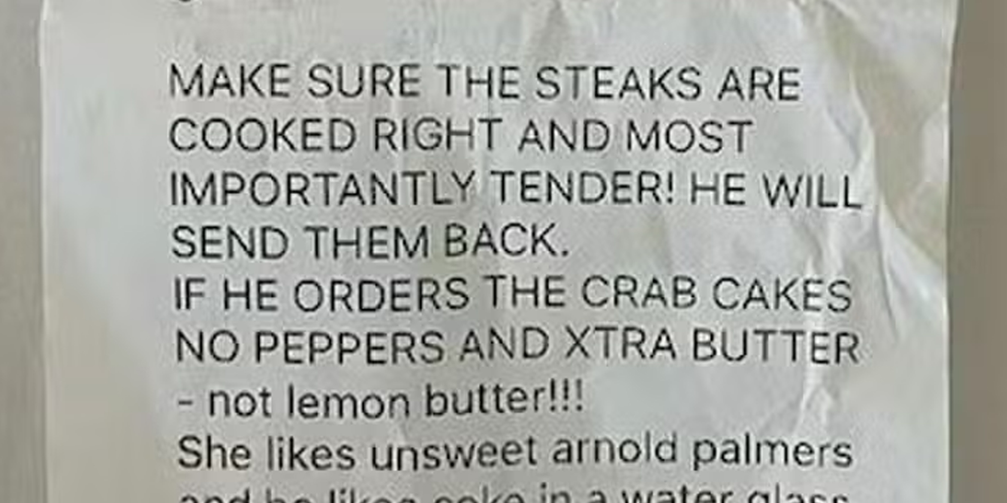 Photo of notes on restaurant receipt in all caps