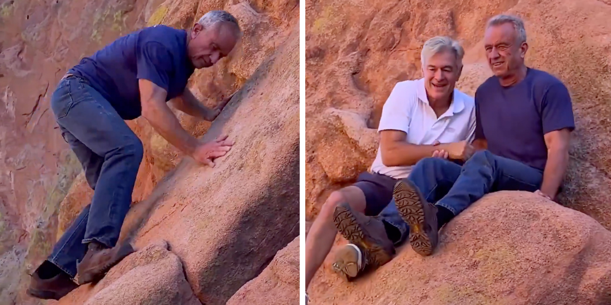 Left: RFK Jr. climbing up a hill in jeans and a polo. Right: Dr. Oz sitting next to RFK Jr. on a hilltop.