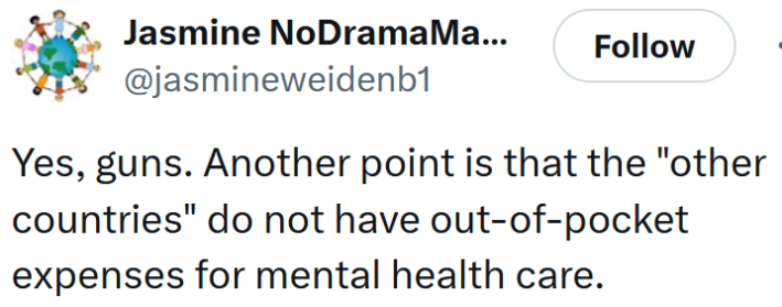 Tweet reading "Yes, guns. Another point is that the "other countries" do not have out-of-pocket expenses for mental health care."