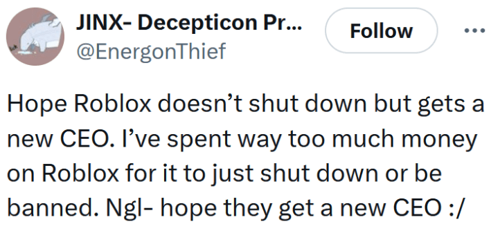 Tweet reading "Hope Roblox doesn’t shut down but gets a new CEO. I’ve spent way too much money on Roblox for it to just shut down or be banned. Ngl- hope they get a new CEO :/"