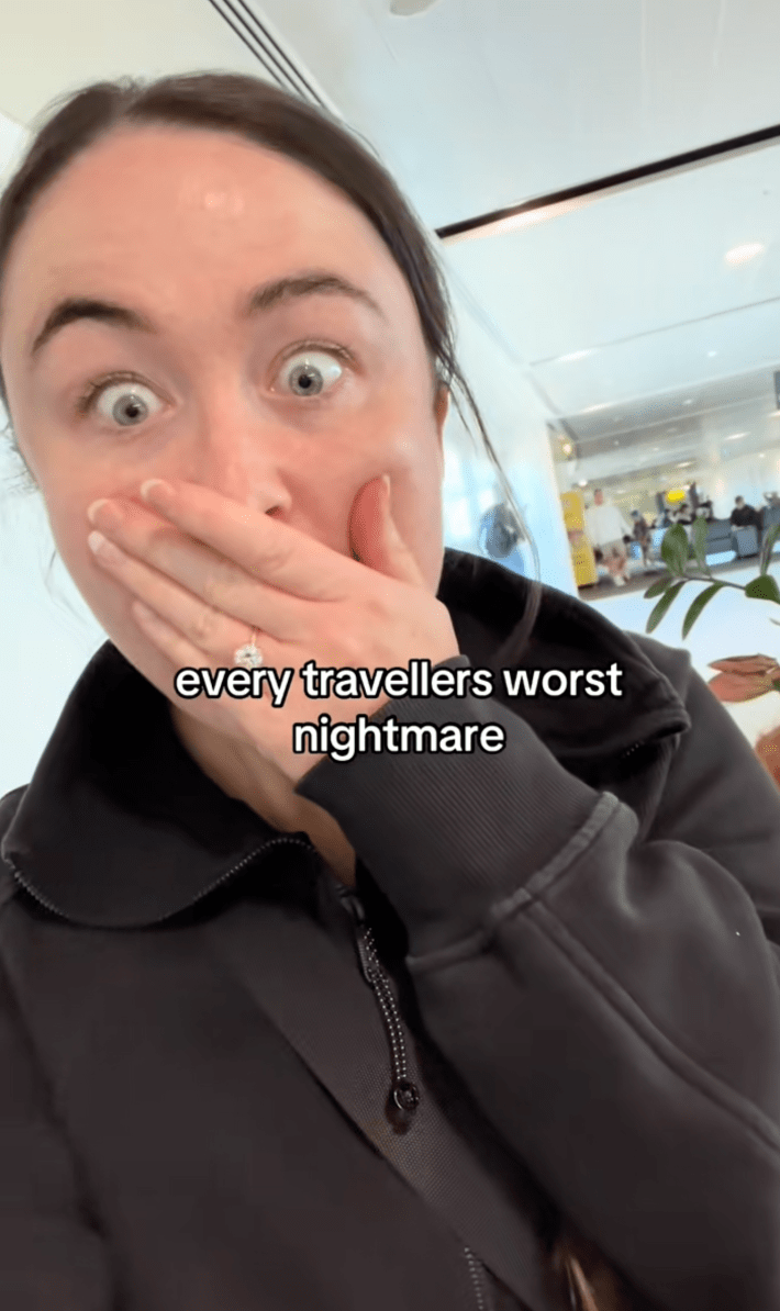 @itsrubytravels/TikTok shocked reaction with on screen text "every travellers worst nightmare."