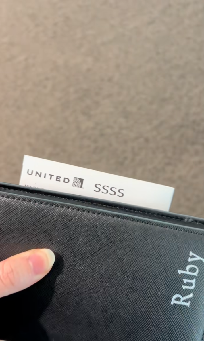 @itsrubytravels/TikTok airline ticket with SSSS printed on it