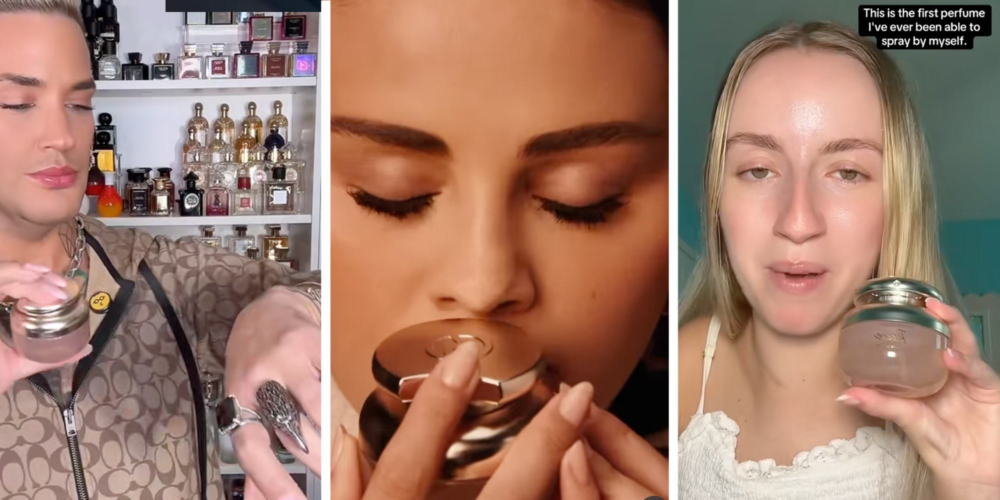 3 panel: Left: Perfume expert sprays Selena Gomez's new perfume on his wrist. Middle: Selena Gomez smelling her new Rare Beauty perfume. Right: ST, a young white woman with long blonde hair, is speaking on screen. As she speaks, she tries out the new Rare Beauty perfume. Text on screen at the beginning of the video reads “How accessible is the brand new Rare Beauty perfume?” Text on screen throughout the video reads “NO ADVICE PLEASE
