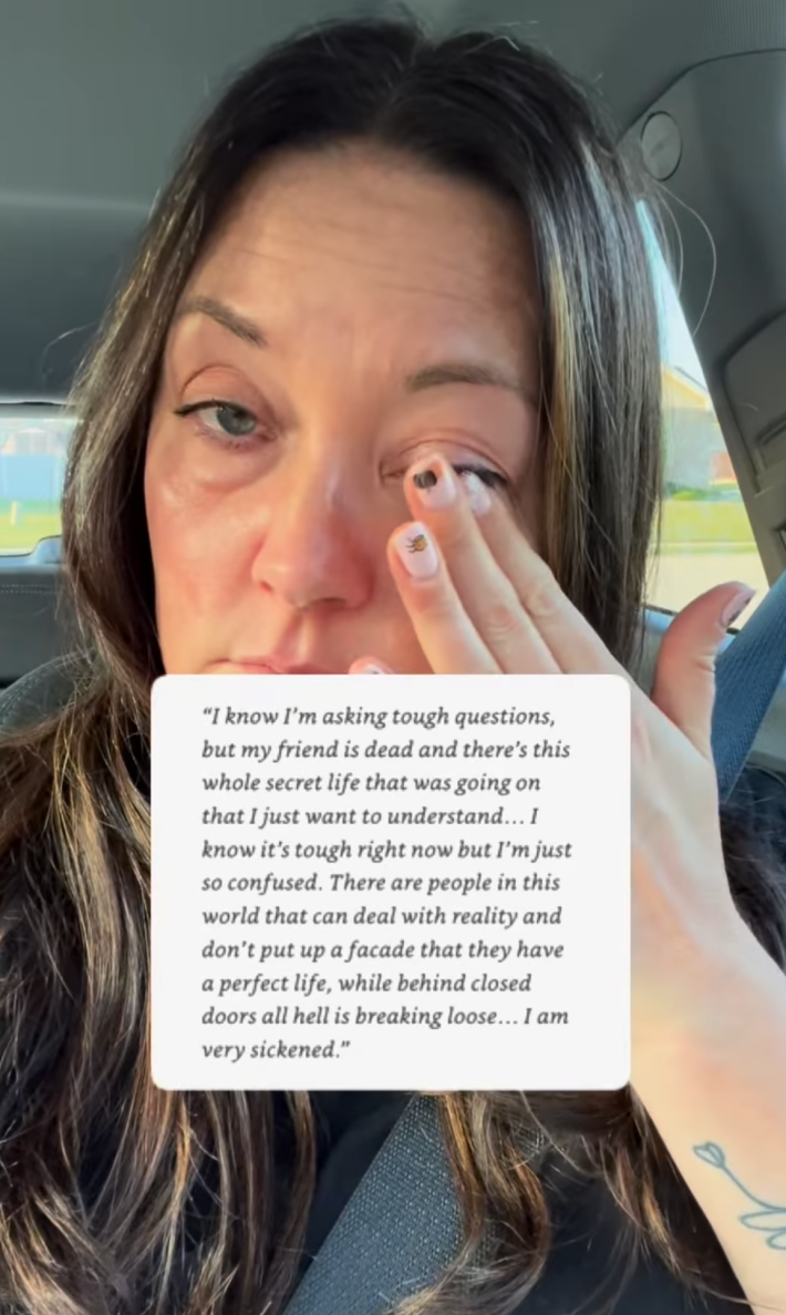 @anniethesafeparent/Instagram Her husband’s friend Caleb wrote, "I know I'm asking tough questions, but my friend is dead and there's this whole secret life that was going on that I just want to understand...I know it's tough right now, but I'm just so confused. There are people in this world that can deal with reality and don't put up a facade that they have a perfect life...I am very sickened."