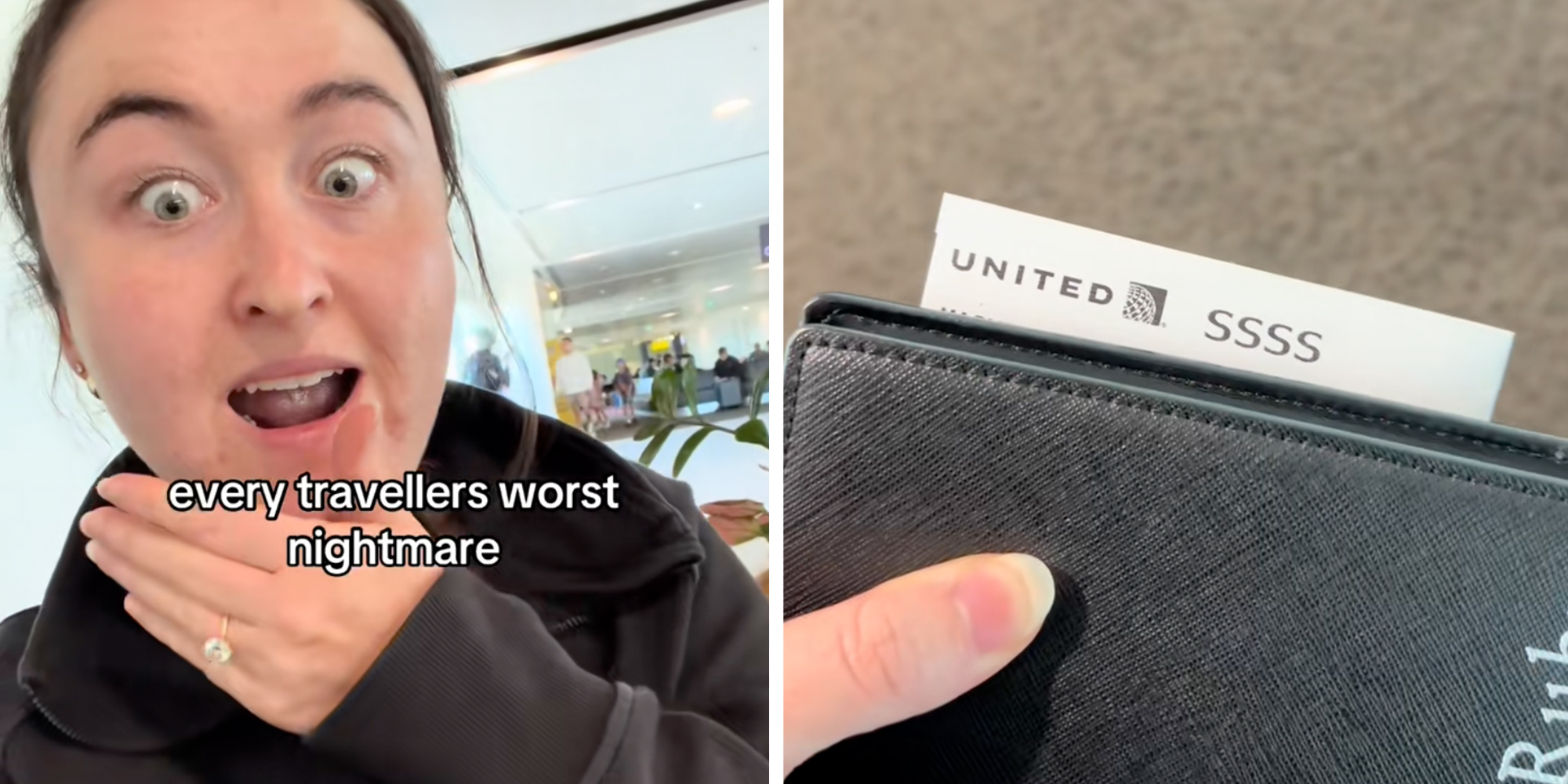 Left: Woman with shocked face under caption reading "Every traveller's worst nightmare" Right: Boarding pass with the letters SSSS