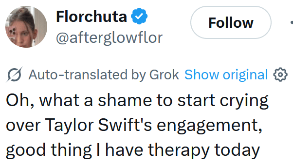 Tweet reading "Oh, what a shame to start crying over Taylor Swift's engagement, good thing I have therapy today"