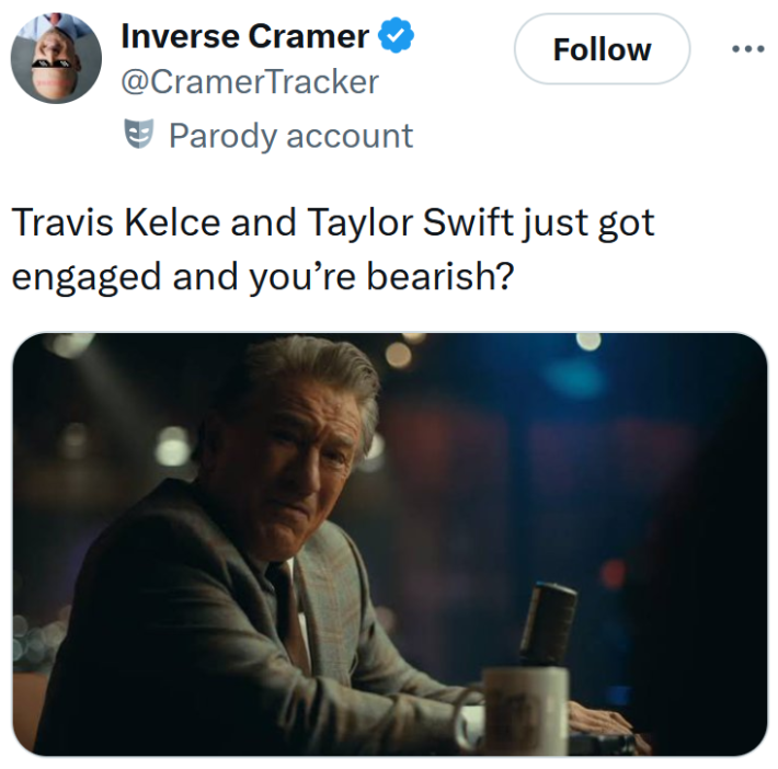 Taylor Swift and Travis Kelce engagement meme tweet reading "Travis Kelce and Taylor Swift just got engaged and you’re bearish?"