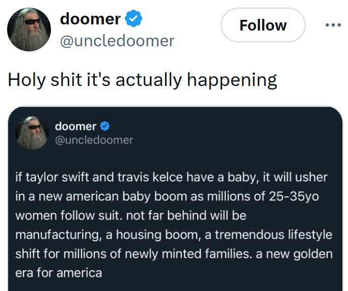 Tweet reading "Holy shit it's actually happening" with a screenshot of another tweet.