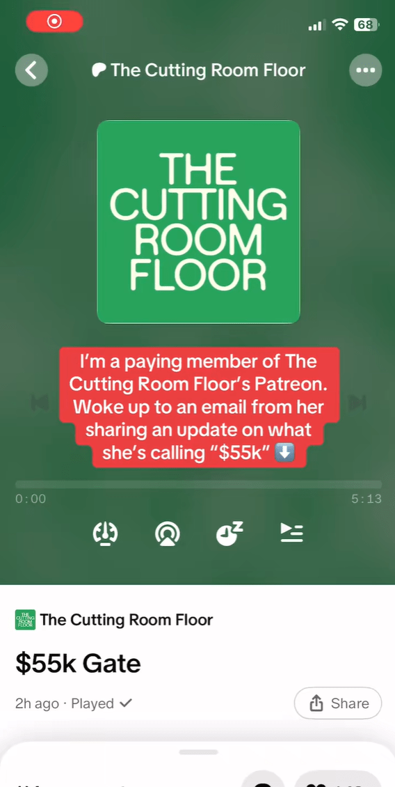Screenshot of the recording of Omondi's apology recording. Text overlay reads, "I'm a paying member of The Cutting Room Floor's Patreon. Woke up to an email from her sharing an update on what she's calling "$55k [Gate]"