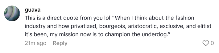 TikTok comment that reads, "This is a direct quote from you lol 'When I think about the fashion industry and how privatized, bourgeois, aristocratic, exclusive, and elitist it's been, my mission now is to champion the underdog.'"