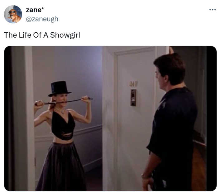 The Life of a Showgirl meme of Carrie Bradshaw.