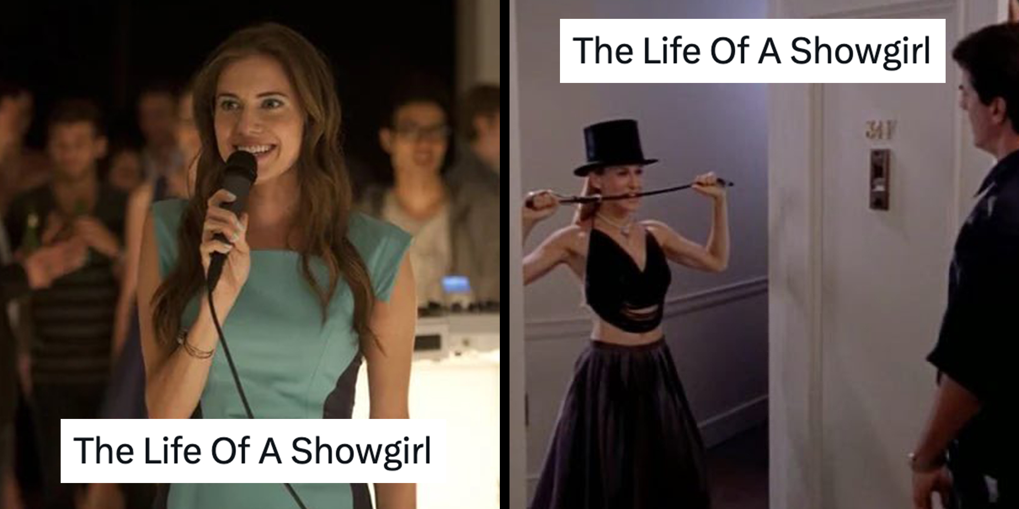 Left: Marnie from HBO's "Girls" under caption reading "The Life Of A Showgirl." Right: Sarah Jessica Parker as Carrie Bradshaw in SATC wearing a top hat and riding crop as Big opens the door, under caption reading "The Life Of A Showgirl."