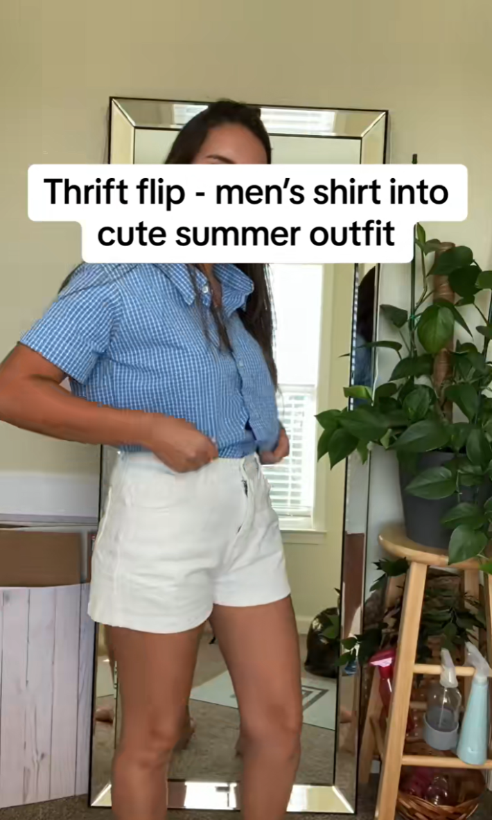 Woman in a thrift flipped summer shirt.