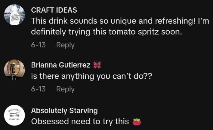 TikTok comments including one reading "This drink sounds so unique and refreshing! I’m definitely trying this tomato spritz soon."