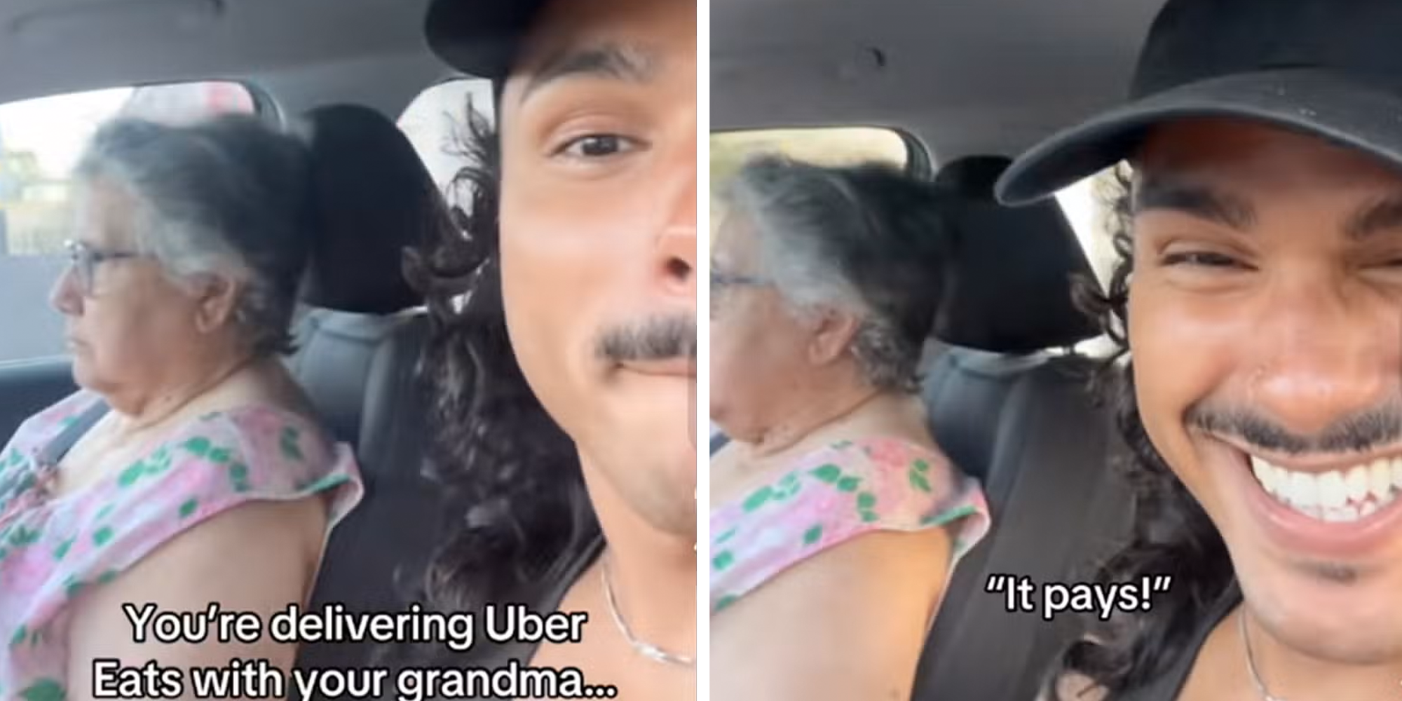 Actor Tomas Matos delivering Uber Eats odors with his grandmother by his side in the car.