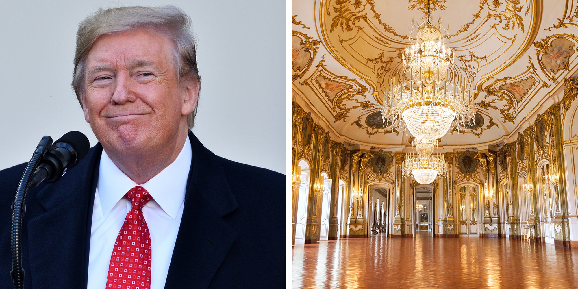Left: Donald Trump smiling Right: Golden Ballroom of Queluz National Palace on July 4 2012.
