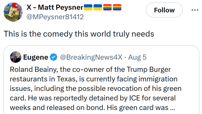 Tweet reading "This is the comedy this world truly needs"