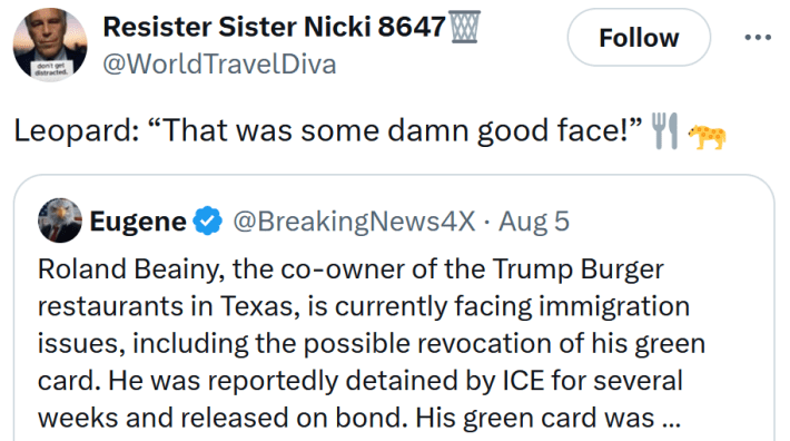 Tweet reading "Leopard: “That was some damn good face!”"