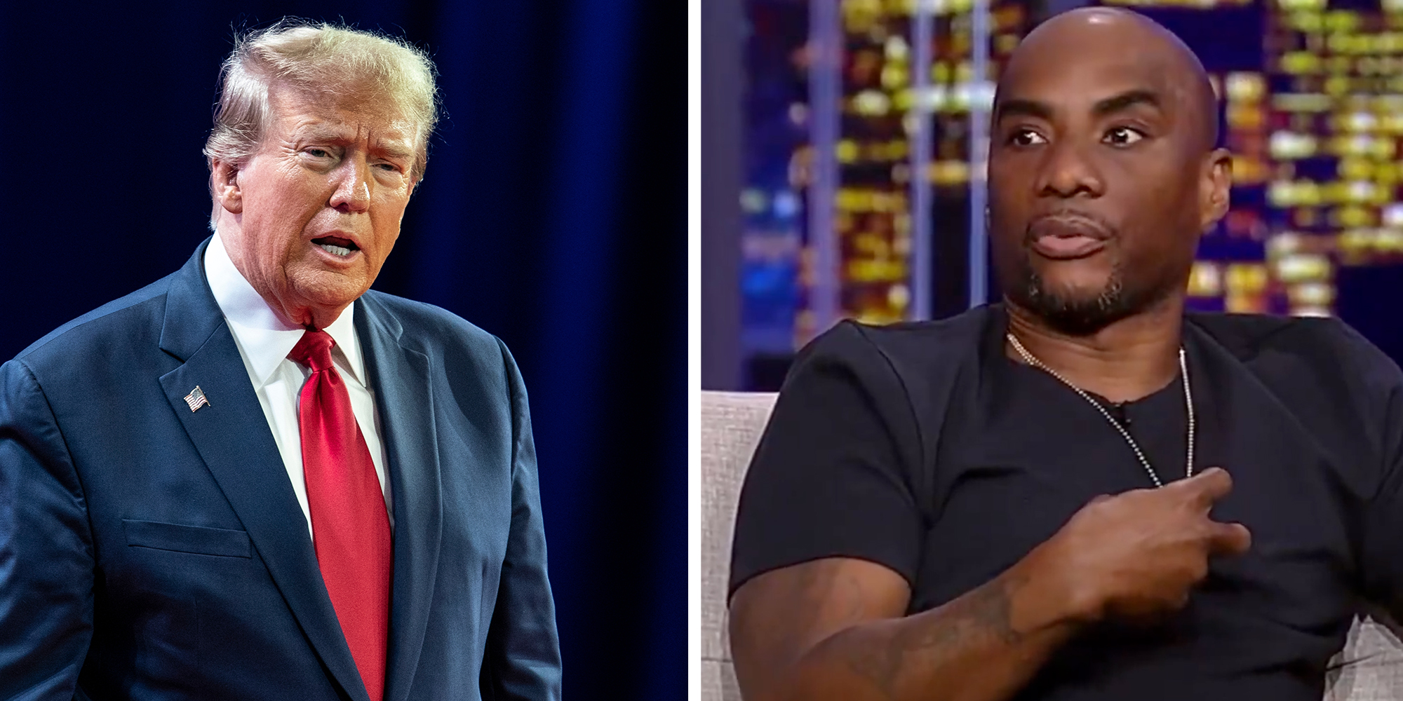 Left: President Donald J. Trump arrives on stage during CPAC Conference 2024 at Gaylord National Resort Convention Center in Washington DC on February 24, 2024 Right: Radio personality Charlamagne Tha God speaking on Fox News