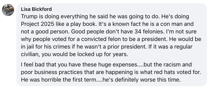 Facebook comment saying that Trump is doing everything he said he would in Project 2025.