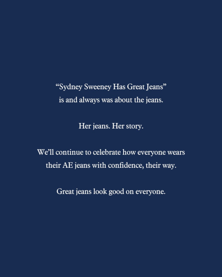 White text on a dark blue background with American Eagle's statement about the Sydney Sweeney ad campaign.