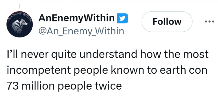 Tweet that reads, "I’ll never quite understand how the most incompetent people known to earth con 73 million people twice"