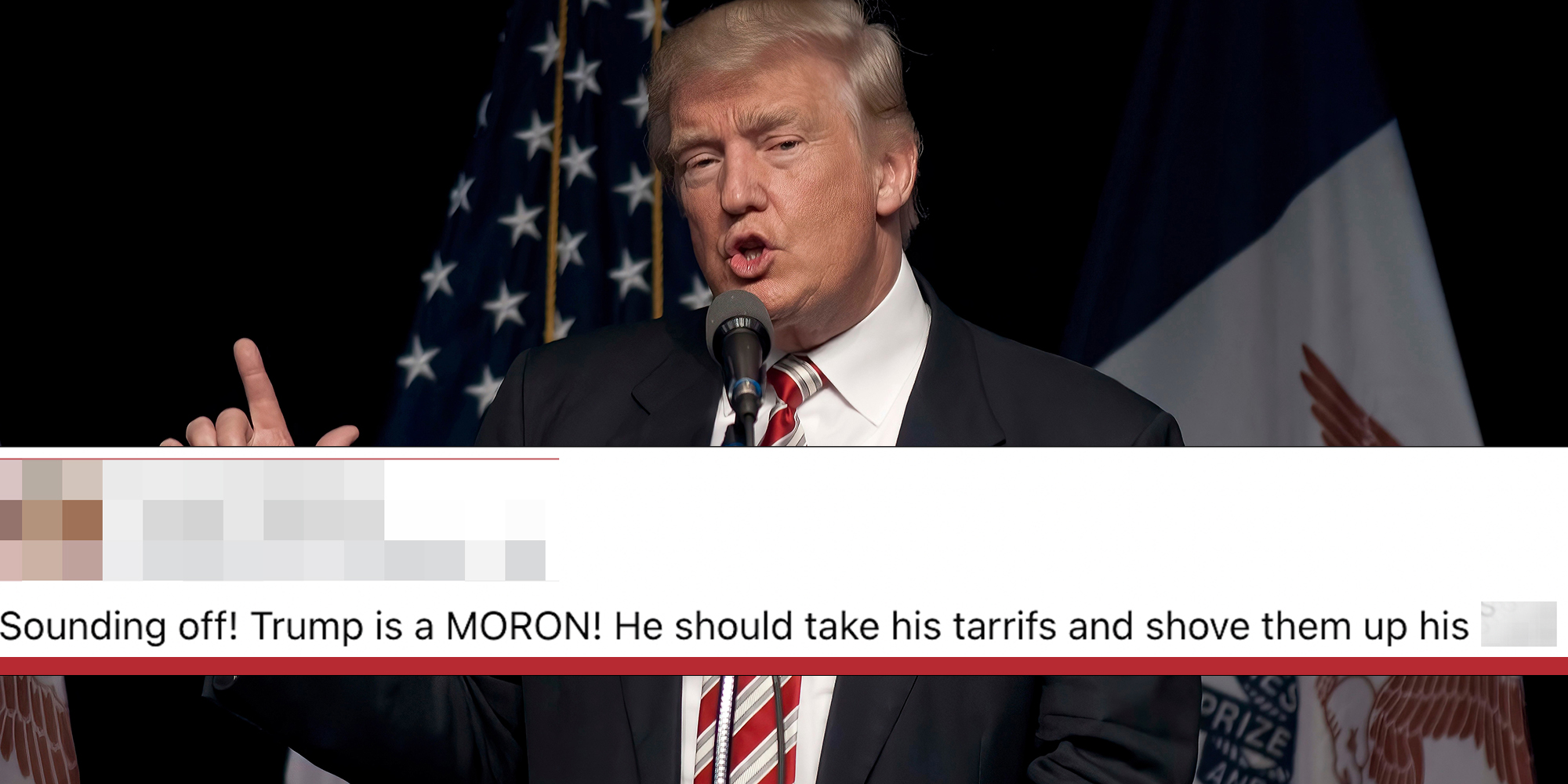 Donald Trump addresses a group of 1600 supporters at rally in the Seven Flags event center. Facebook post screenshot overlay reads, "Trump is a MORON! He should take his tarrifs and shove them up his a**!"