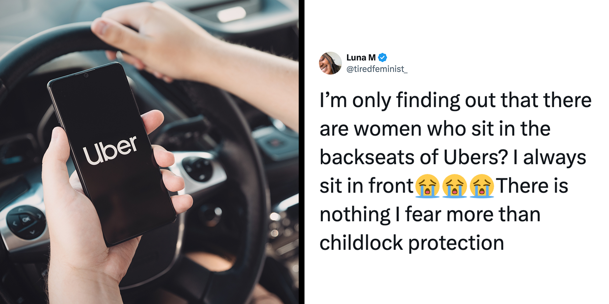 Left: Uber driver holding smartphone in car. Right: Tweet reading