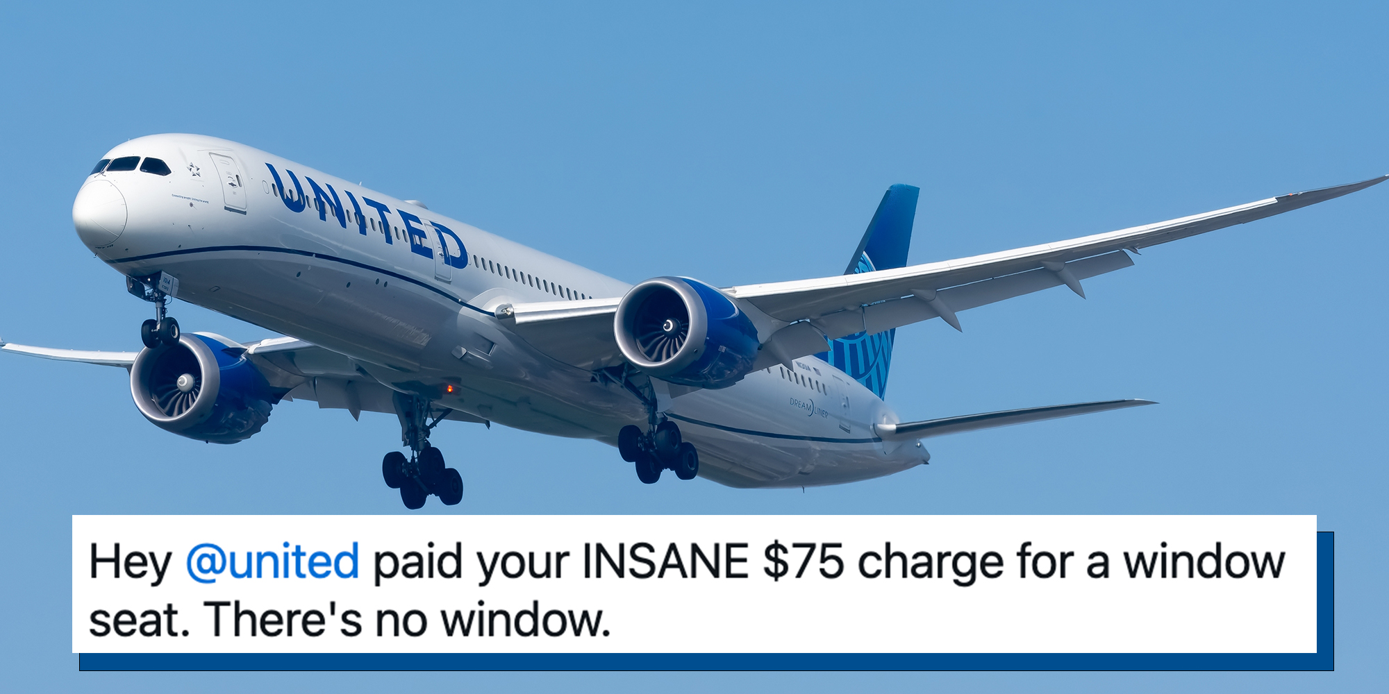 United Airlines Boeing 787-10 seen landing at Tel Aviv Ben Gurion Airport. Caption overlay reads, " paid your INSANE $75 charge for a window seat. There's no window."
