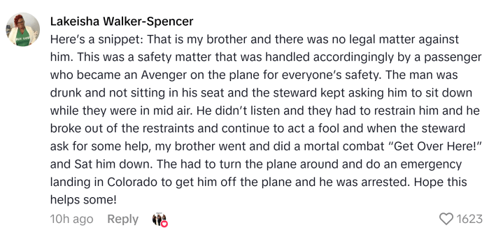 TikTok comment that reads, "Here’s a snippet: That is my brother and there was no legal matter against him. This was a safety matter that was handled accordingingly by a passenger who became an Avenger on the plane for everyone’s safety. The man was drunk and not sitting in his seat and the steward kept asking him to sit down while they were in mid air. He didn’t listen and they had to restrain him and he broke out of the restraints and continue to act a fool and when the steward ask for some help, my brother went and did a mortal combat “Get Over Here!” and Sat him down. The had to turn the plane around and do an emergency landing in Colorado to get him off the plane and he was arrested. Hope this helps some!"
