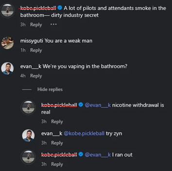 Instagram comments including one reading "nicotine withdrawal is real."