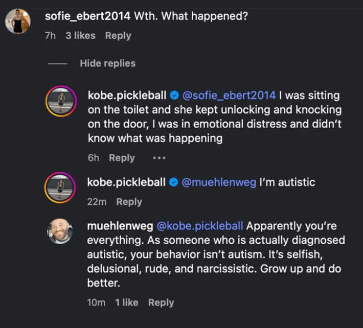 Instagram comments including one reading "I was sitting on the toilet and she kept unlocking and knocking on the door, I was in emotional distress and didn't know what was happening."