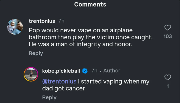 Instagram comments including one reading "I started vaping when my dad got cancer."