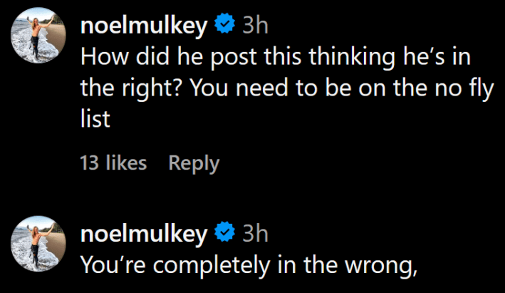 Instagram comments including one reading "How did he post this thinking he’s in the right? You need to be on the no fly list."