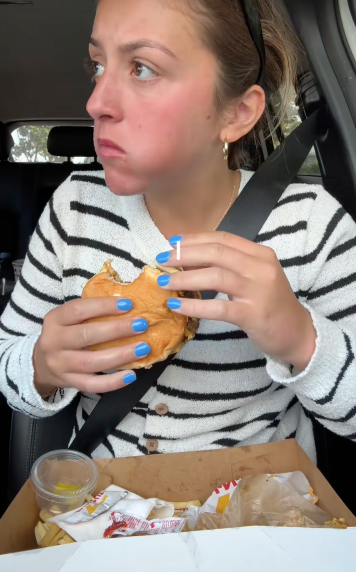 TikTok creator Maddie Goetz recorded her dad’s reaction to his first In N Out burger in a post captioned, "Telling my dad who is tryin In N Out for the first time that it is vegan to see how he reacts."