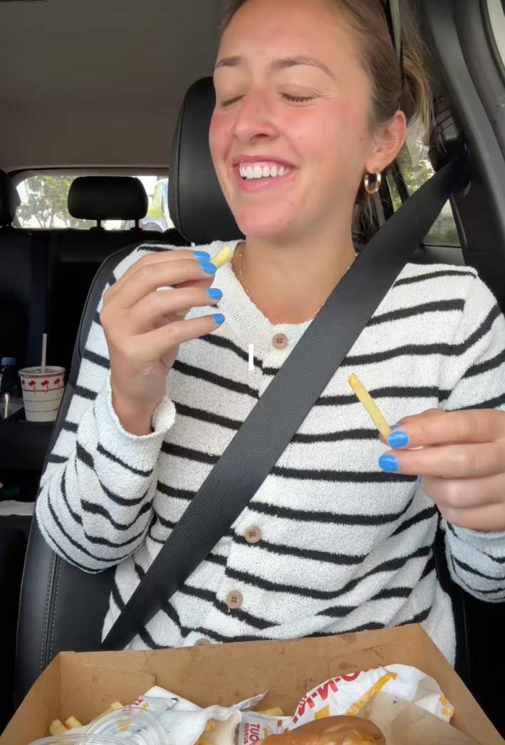 TikTok creator Maddie Goetz recorded her dad’s reaction to his first In N Out burger in a post captioned, "Telling my dad who is tryin In N Out for the first time that it is vegan to see how he reacts."