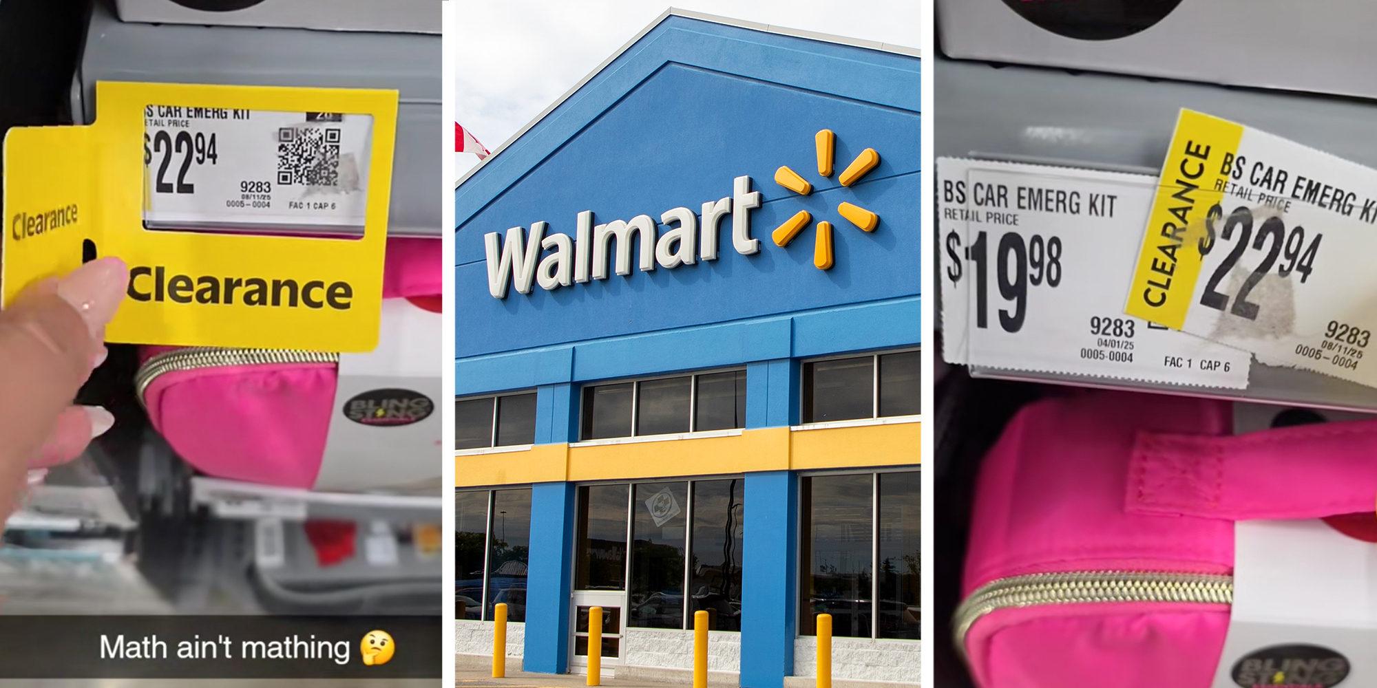 3 panel: Left: Woman's pink fingernails pulling a yellow Walmart "clearance" tag with a price tag of $22.94. Middle: Blue Walmart retail storefront. Right. Yellow Walmart "clearance" tag with a price tag of $22.94 pulled to the side to reveal price for same product as $19.98.