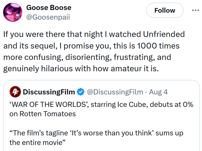 Tweet reading "If you were there that night I watched Unfriended and its sequel, I promise you, this is 1000 times more confusing, disorienting, frustrating, and genuinely hilarious with how amateur it is."