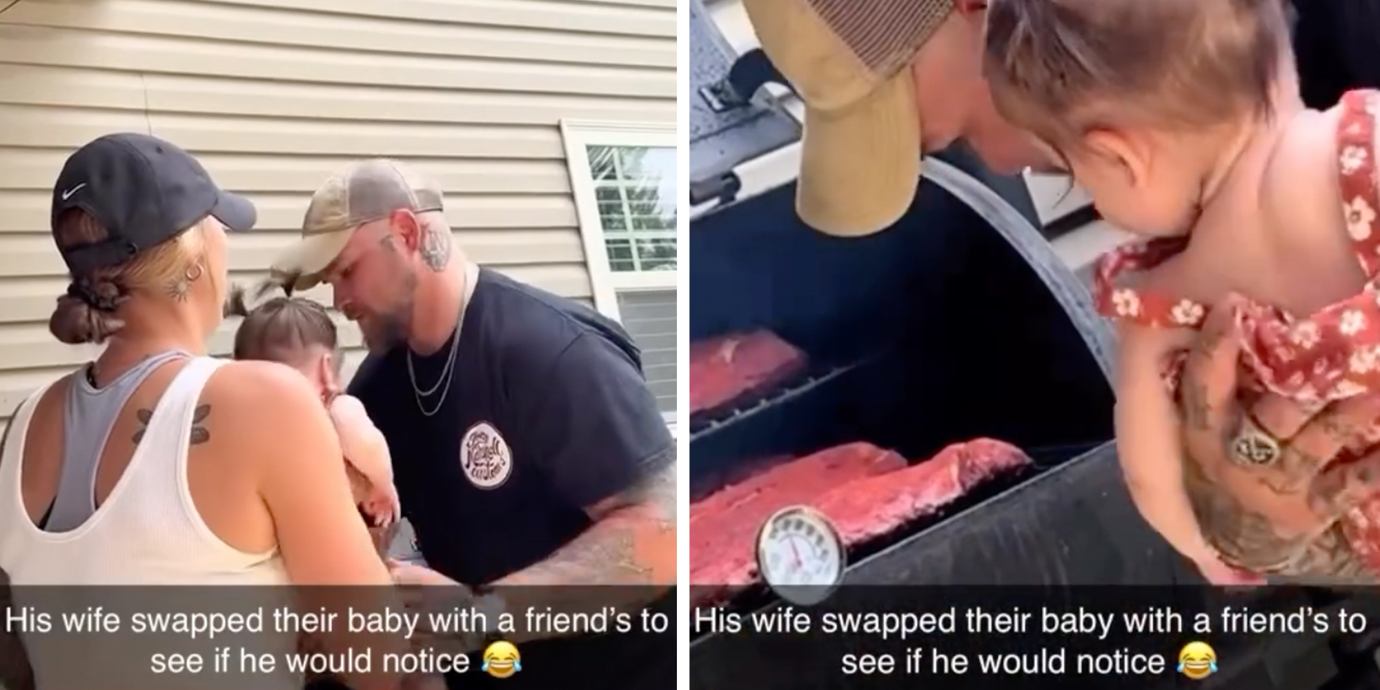 Left: Woman handing baby to man Right: Man holding baby as he inspects meat on a girl. Caption overlay reads, "His wife swapped their baby with a friend's to see if he would notice."