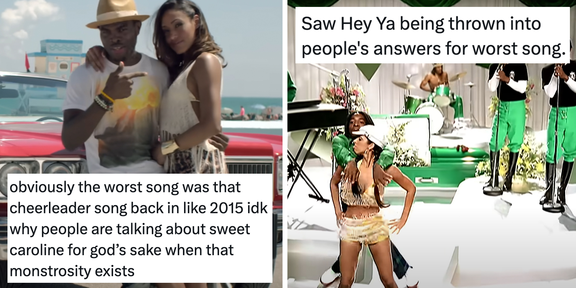 Left: Still from music video for "Cheerleader" by OMI and Felix Jaehn Remix Right: Still from music video for "Hey Ya!" by Outkast