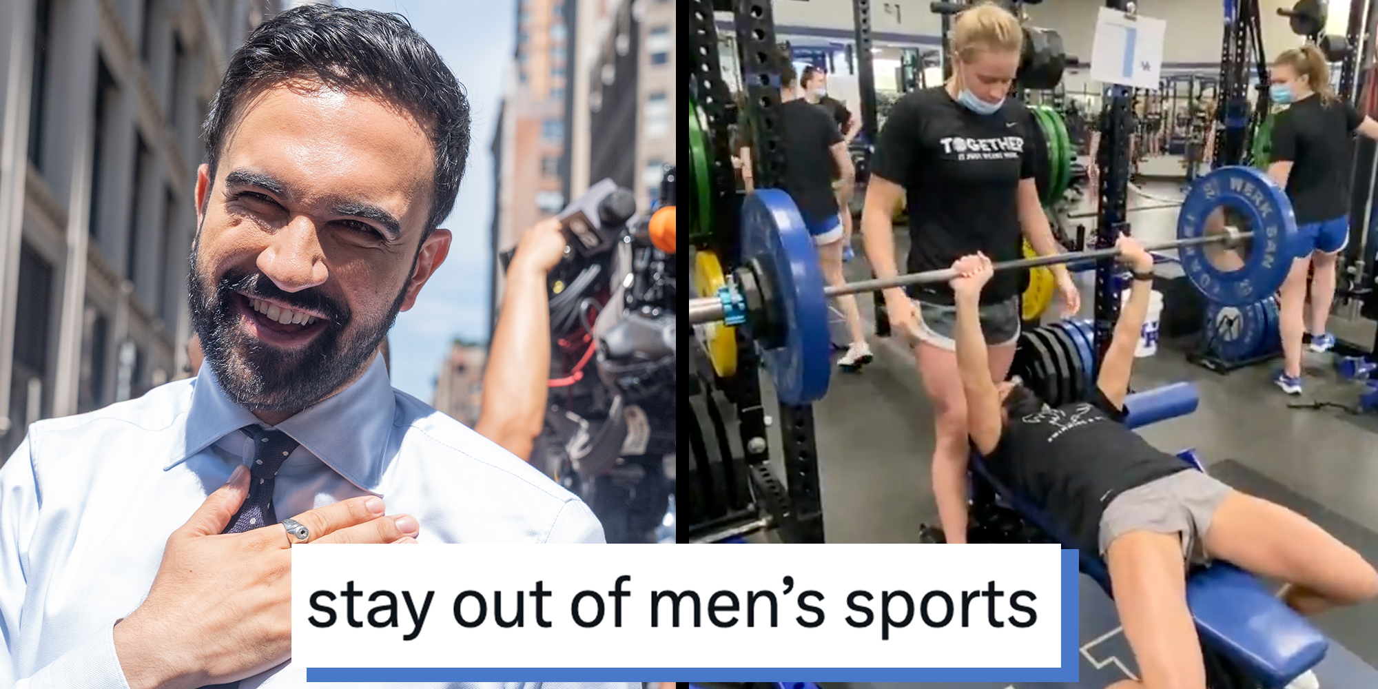 Left: Zohran Mamdani who is likely to become next mayor of the city attends Pride parade on a theme 'Rise Up: Pride in Protest' on 5th Avenue in New York on June 29, 2025. Right: Riley Gaines bench pressing 165 pounds while another women spots her in a gym. Caption overlay reads "Stay out of men's sports."
