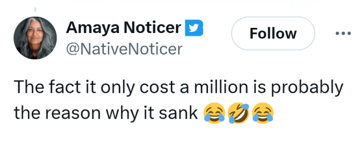 Tweet that reads, "The fact it only cost a million is probably the reason why it sank 😂🤣😂"