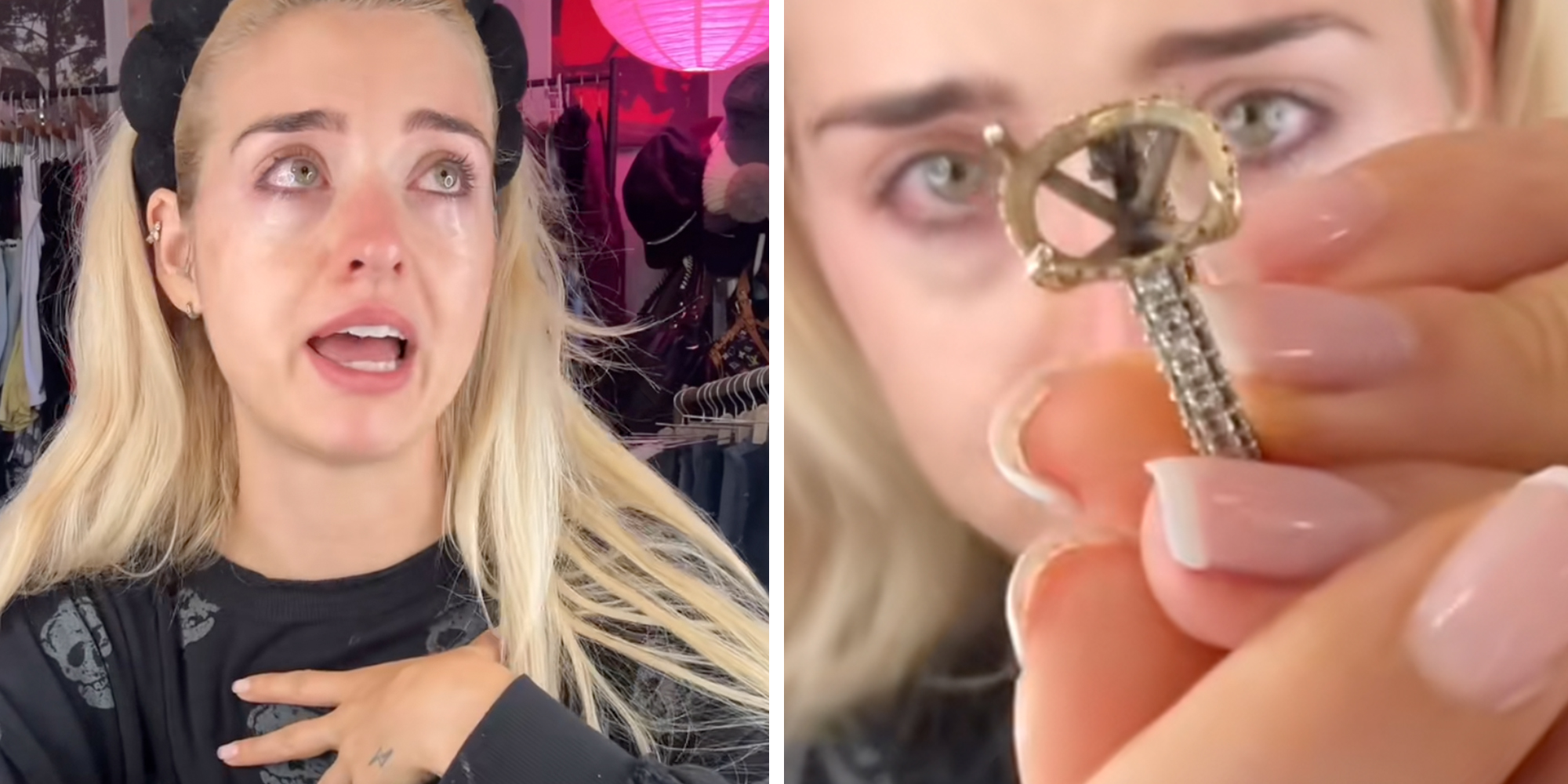 Blonde woman crying, tearfully holding up empty 4-prong ring missing a lost diamond.