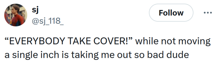 Tweet reading "“EVERYBODY TAKE COVER!” while not moving a single inch is taking me out so bad dude"
