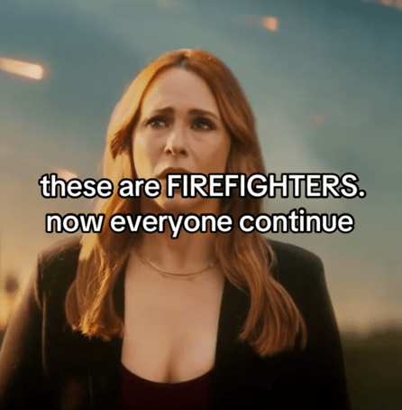 9-1-1 season 9 trailer with a caption reading "these are FIREFIGHTERS. now everyone continue"